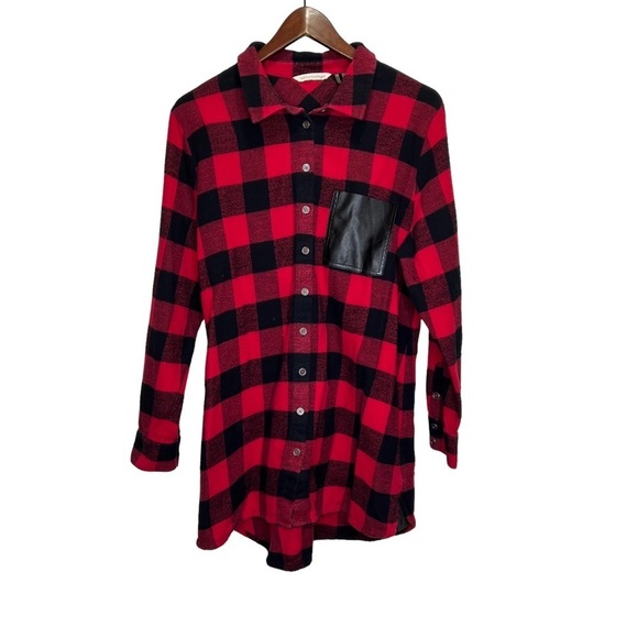 Soft Surroundings Red Black Buffalo Plaid Faux Leather Pocket Button Up Size L - Picture 1 of 10